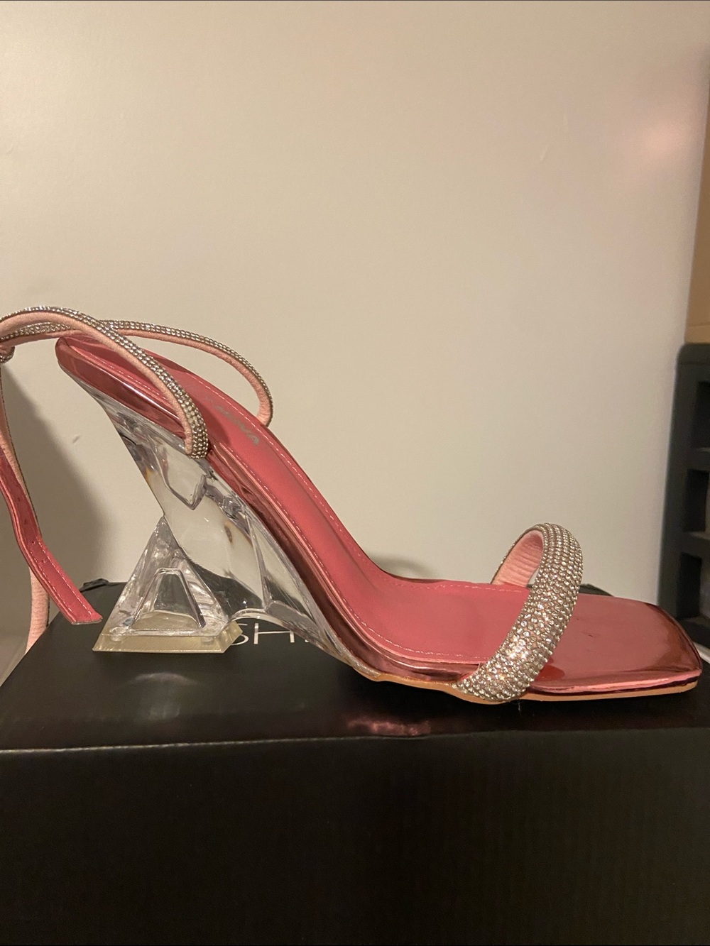 Fashion Nova Pink Rhinestone Strap Clear Wedge Heel Sandal